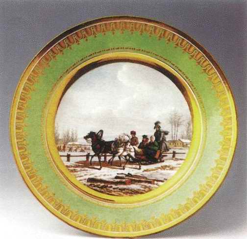 Тарелка «Зимняя прогулка», Художник Ж. Свебах, 1816 г. Фарфор, роспись надглазурная
